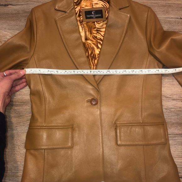 Frederic Castet Paris Tan Leather Blazer Tiger Print Lining Button Down 55 Small - Picture 5 of 7